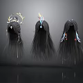 Three Stylish Long Hair Wigs Featuring Elegant Ornaments And Unique Designs