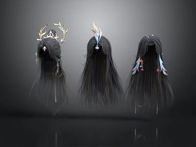 Three Stylish Long Hair Wigs Featuring Elegant Ornaments And Unique Designs 3d model