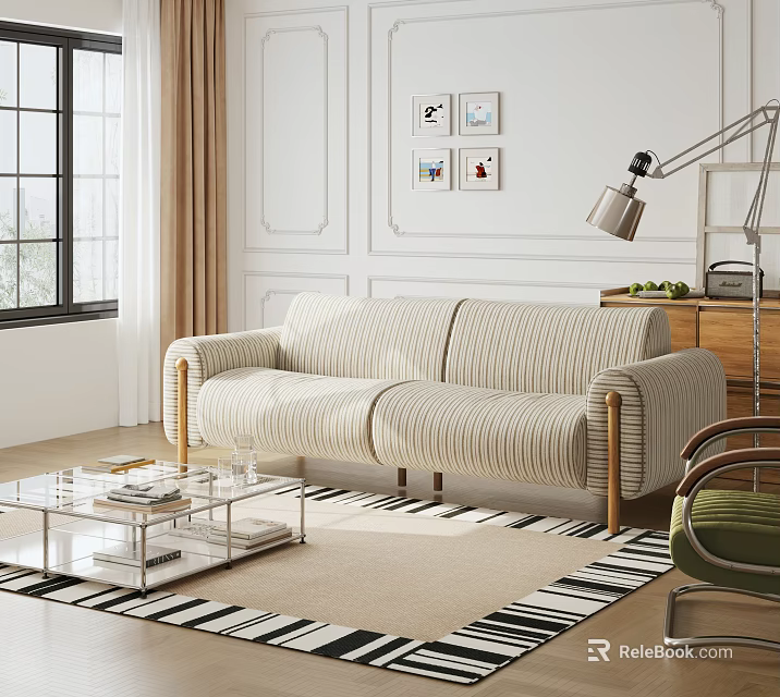 Modern Striped Sofa And Glass Coffee Table Set With Green Plants And Rug 3d model 