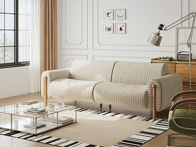 Modern Striped Sofa And Glass Coffee Table Set With Green Plants And Rug 3d model