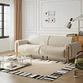 Modern Striped Sofa And Glass Coffee Table Set With Green Plants And Rug