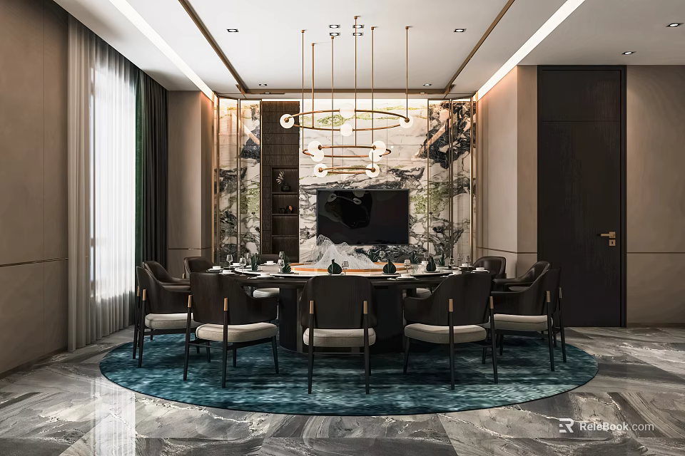Elegant Modern Private Dining Room With Round Table Chandelier Landscape Painting Chairs And Rug 3d model 