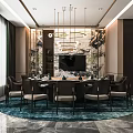 Elegant Modern Private Dining Room With Round Table Chandelier Landscape Painting Chairs And Rug