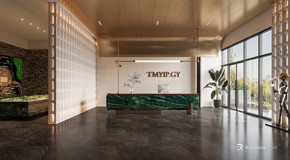 Elegant Green Marble Reception Desk with Golden Ceiling White Walls Large Windows and Potted Plant 3d model 