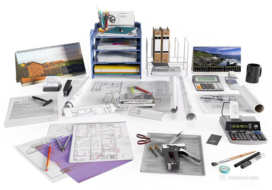 Essential Office Design Supplies With Blueprints Calculators Drawing Tools And Files 3d model 