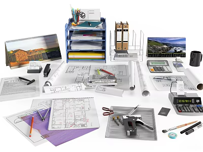 Essential Office Design Supplies With Blueprints Calculators Drawing Tools And Files 3d model