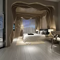 Modern Hotel Room with Wavy Wooden Decor Bed TV Desk and Floor to Ceiling Curtains