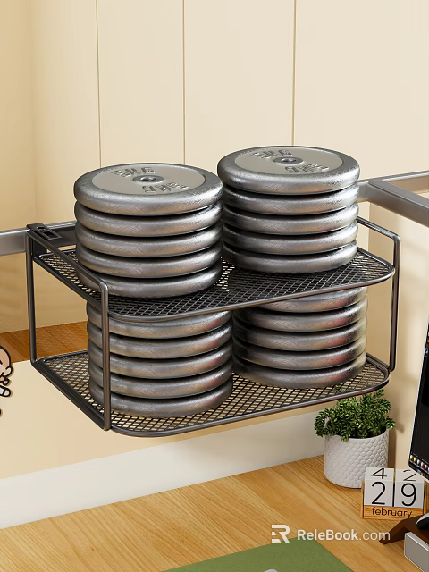 Office Kitchen Organization With Two Tiered Metal Rack Holding Stacked Silver Plates 3d model 