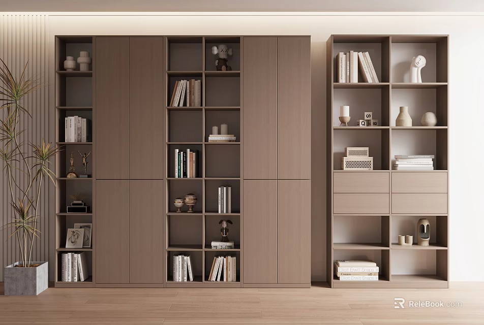 Modern Minimalist Bookcase Interior Design With Multiple Shelves Books And Decorative Items 3d model 