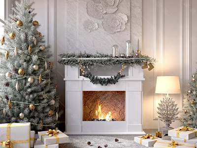 Festive Christmas Living Room With White Fireplace Flames Gold Ornaments Tree Green Garland And Gifts 3d model