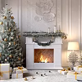 Festive Christmas Living Room With White Fireplace Flames Gold Ornaments Tree Green Garland And Gifts