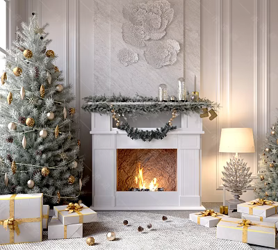 Festive Christmas Living Room With White Fireplace Flames Gold Ornaments Tree Green Garland And Gifts 3d model