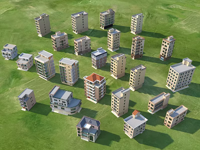 Various Styles Of Multi Storey Building Models On Green Grassland Arranged In Circle 3d model
