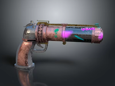 Vintage Steampunk Pistol With Copper Accents Glowing Purple Pink Lights And Decorated Barrel 3d model