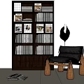 Walnut Wood Bookcase With White Books And Decorative Photos On Shelves