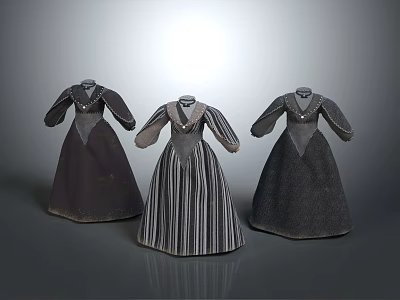 Three Vintage Long Sleeve Dresses Featuring Classic V Neck and Various Textile Patterns 3d model