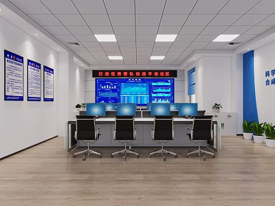 Monitoring Room Interior With Large Display Screen Multiple Computers And Workstations 3d model