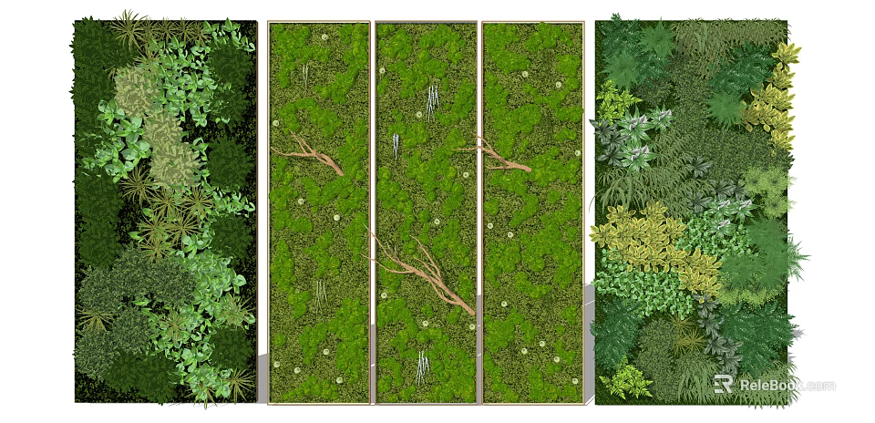 Living Plant Wall With Vertical Green Panels And Natural Branches 3d model 