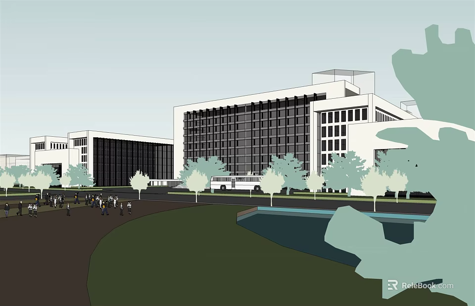 Modern Office Building Complex With Trees Green Area and People Walking 3d model