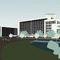 Modern Office Building Complex With Trees Green Area and People Walking 3d model