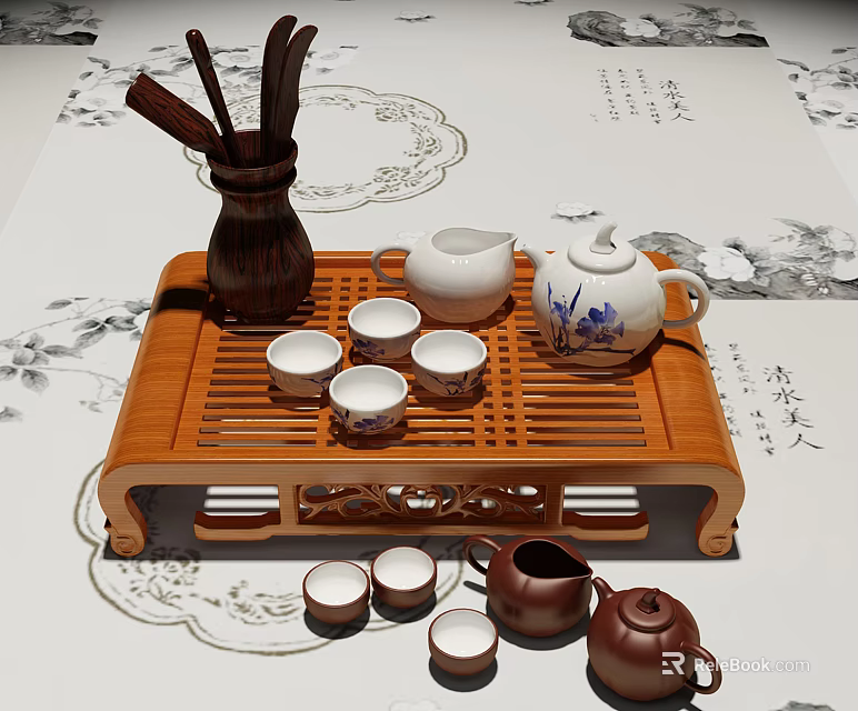 Traditional Tea Set With Bamboo Tray Various Teapots And Ceramic Cups 3d model 