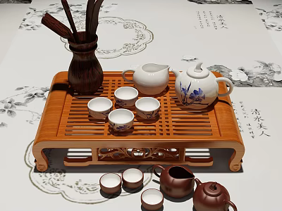 Traditional Tea Set With Bamboo Tray Various Teapots And Ceramic Cups 3d model