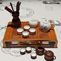 Traditional Tea Set With Bamboo Tray Various Teapots And Ceramic Cups 3d model