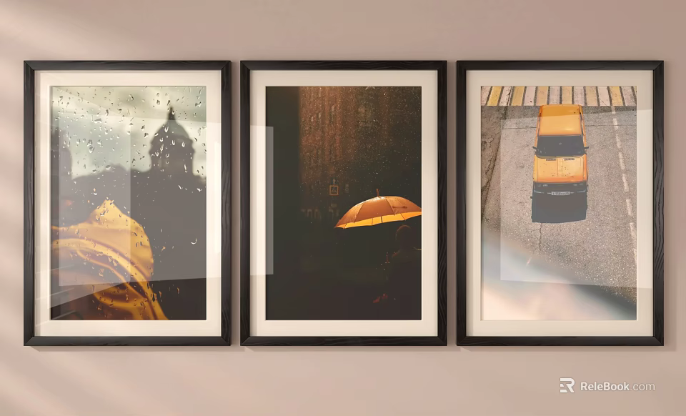 Three Framed Urban Landscape Paintings On Wall With Raindrops Orange Umbrella And Yellow Taxi 3d model 