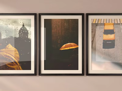 Three Framed Urban Landscape Paintings On Wall With Raindrops Orange Umbrella And Yellow Taxi 3d model