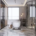 Modern Bathroom Interior With Marble Walls Freestanding Bathtub Glass Shower Enclosure Mirror And Pendant Lights