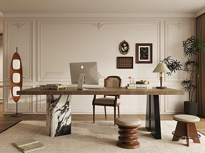 Stylish Home Office Interior With Marble Column Desk Apple Laptop Wooden Chair And Potted Plant 3d model