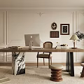 Stylish Home Office Interior With Marble Column Desk Apple Laptop Wooden Chair And Potted Plant