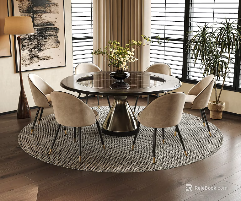 Elegant Modern Restaurant Interior With Round Table Chairs Area Rug Potted Plants And Windows 3d model 
