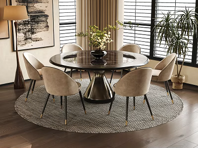 Elegant Modern Restaurant Interior With Round Table Chairs Area Rug Potted Plants And Windows 3d model