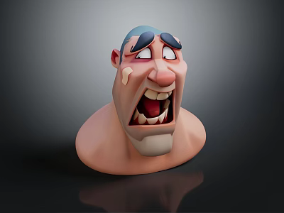 3D Cartoon Character Head Model With Exaggerated Angry Expression Blue Hair And Band Aid 3d model