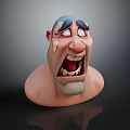 3D Cartoon Character Head Model With Exaggerated Angry Expression Blue Hair And Band Aid