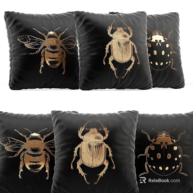 Black Decorative Throw Pillows With Gold Embroidered Bee Beetle Ladybug Patterns 3d model