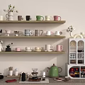 Assorted Colorful Decorative Cups Displayed On Shelves With Kitchen Items And Coffee Tools