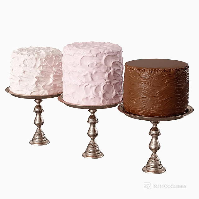 Three Beautiful Cakes With Unique Textured Frostings On Silver Stands 3d model 