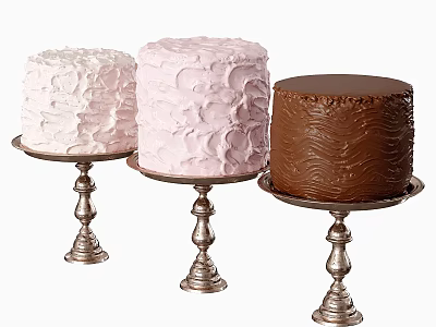 Three Beautiful Cakes With Unique Textured Frostings On Silver Stands 3d model