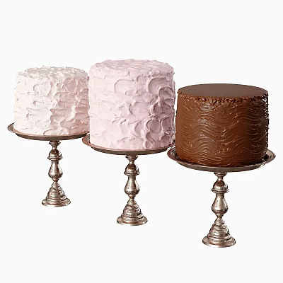 Three Beautiful Cakes With Unique Textured Frostings On Silver Stands 3d model