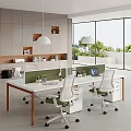 Modern Open Office with Long Desk Green Partitions Office Chairs Laptop Large Windows Outdoor Greenery