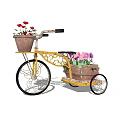 Flower Planters In Yellow Bicycle Shaped Design With Terracotta Pots And Colorful Flowers