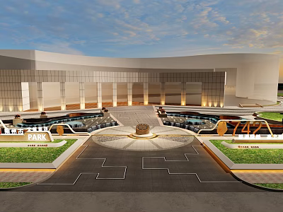 Modern Garden Landscape Front Of Contemporary Building With Square Green Lawns And Circular Design Lighting 3d model