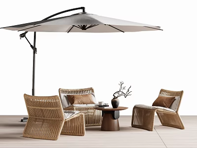 Outdoor Wicker Table and Chair Set With Umbrella Cushions and Decorative Accents 3d model