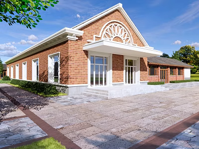 Industrial Factory Building With Red Brick Exterior White Accents Arched Windows And Entry Steps 3d model
