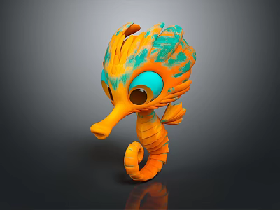 Animated Vibrant Orange Teal Seahorse 3D Game Movie Character With Big Eyes 3d model