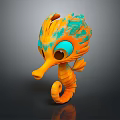 Animated Vibrant Orange Teal Seahorse 3D Game Movie Character With Big Eyes