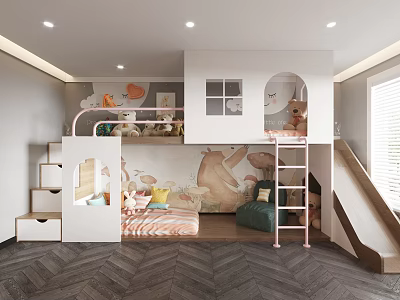 Cozy Kids Room Interior Design With Bunk Bed Stairs Slide And Animal Wall Art 3d model