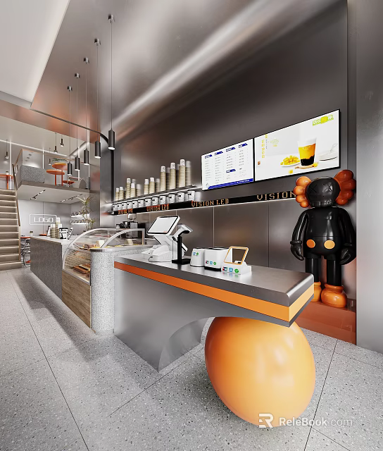 Modern Milk Tea Shop Interior With Counter Display And Digital Menus 3d model 